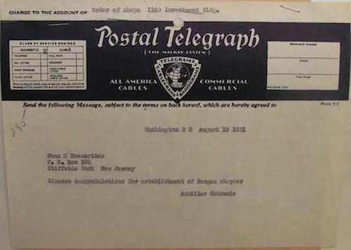 Telegraph from AHEPA headquarters congratulating establishment of Chapter #285